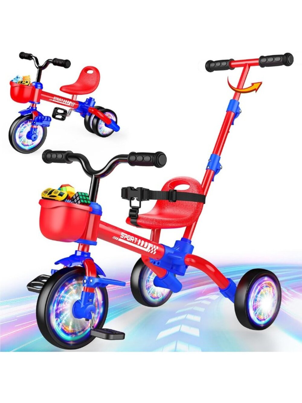 5-in-1 Toddler Tricycle Bike with Push Handle for Ages 1-3, Adjustable & Safe
